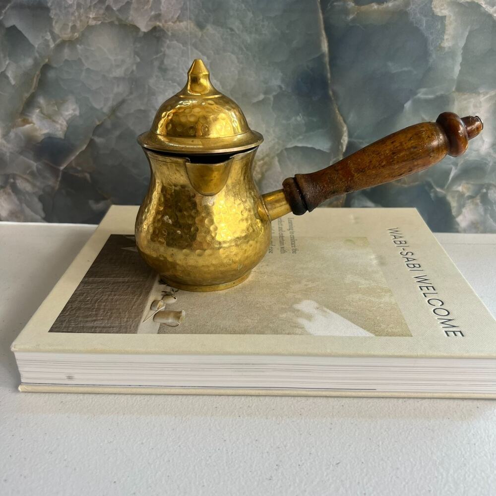 Alpine Cuisine Coffee Pot Wood Handle Aramco Imports Hammered Brass